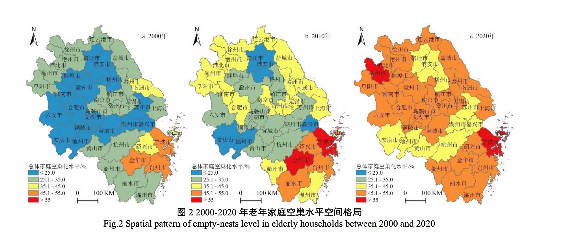 2000-2020年老年家庭空巢水平空间格局 本文图片来源均为论文配图