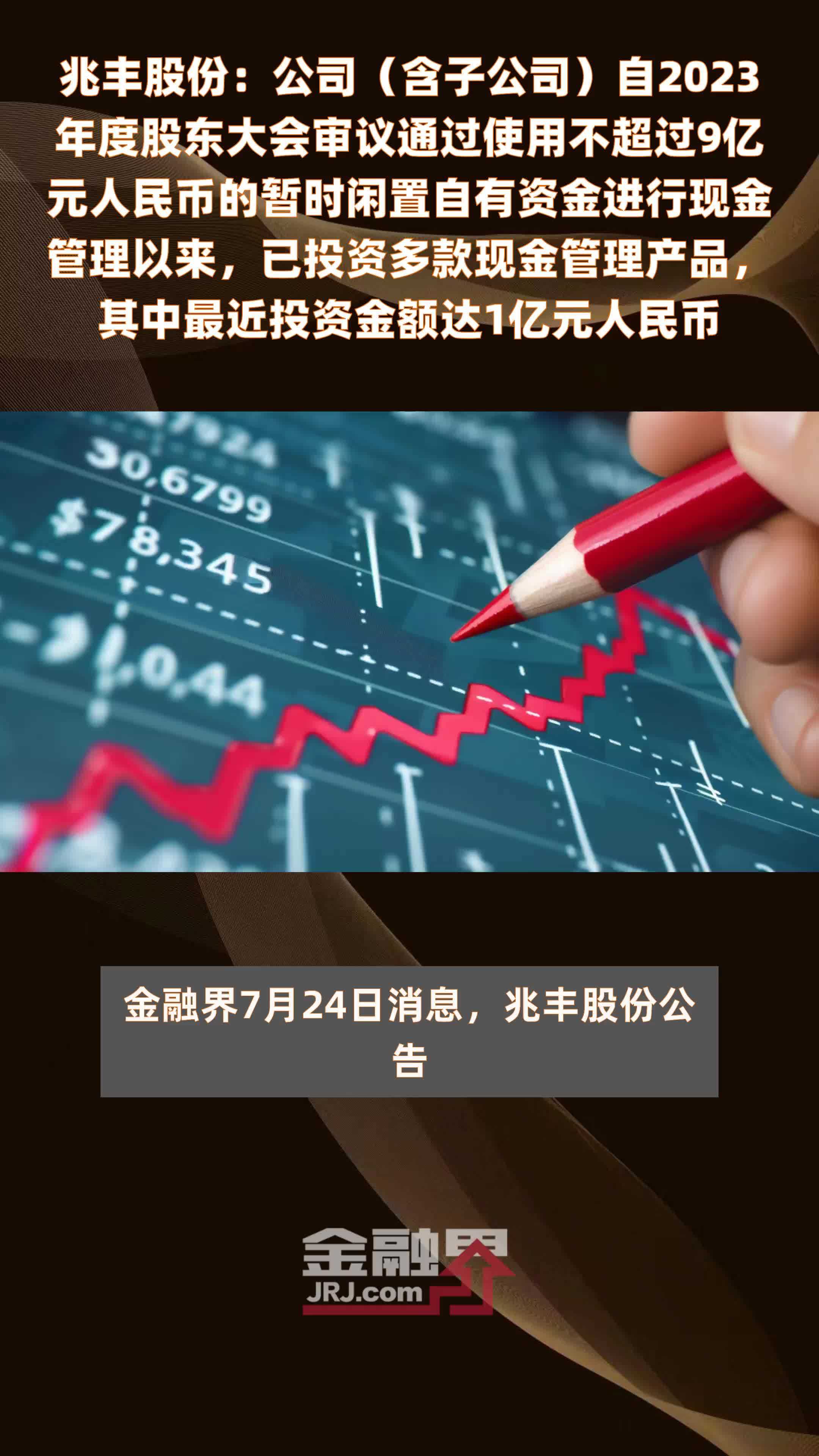 兆丰股份：公司（含子公司）自2023年度股东大会审议通过使用不超过9亿元人民币的暂时闲置自有资金进行现金管理以来，已投资多款现金管理产品，其中最近投资金额达1亿元人民币 |快报