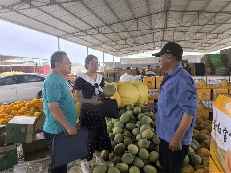 民勤县纪委监委第五协作区纪检监察干部深入蜜瓜市场，了解产业增收致富情况。