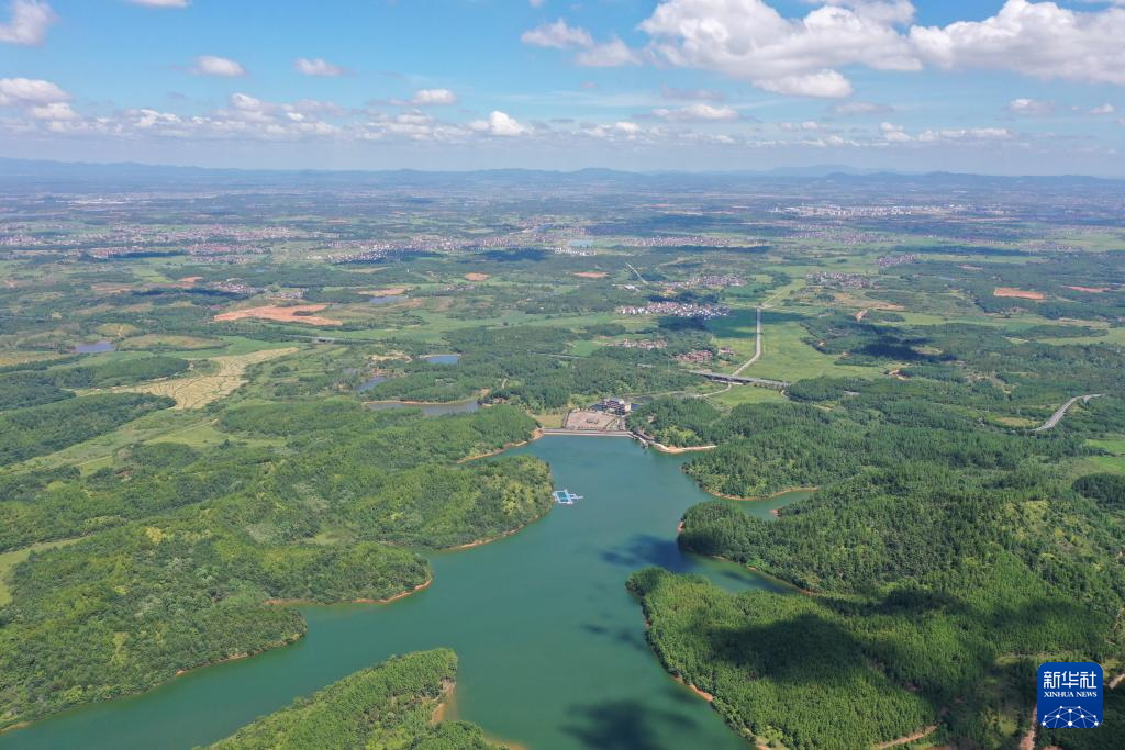 这是江西省抚州市临川区秋溪镇溪山湖水库（7月25日摄，无人机照片）。