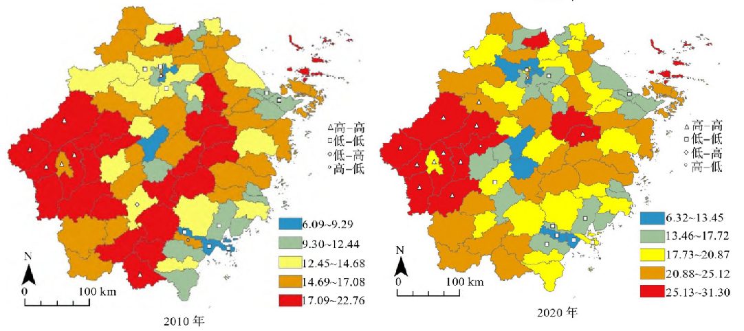 图4.浙江省人口老龄化空间变化（2010-2020）