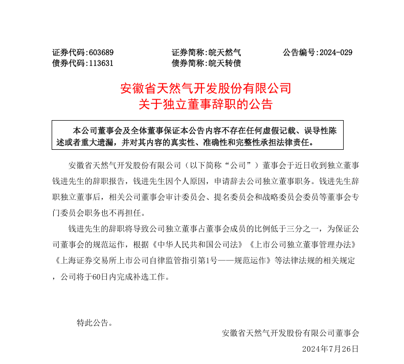 安徽一国有上市公司独立董事辞职
