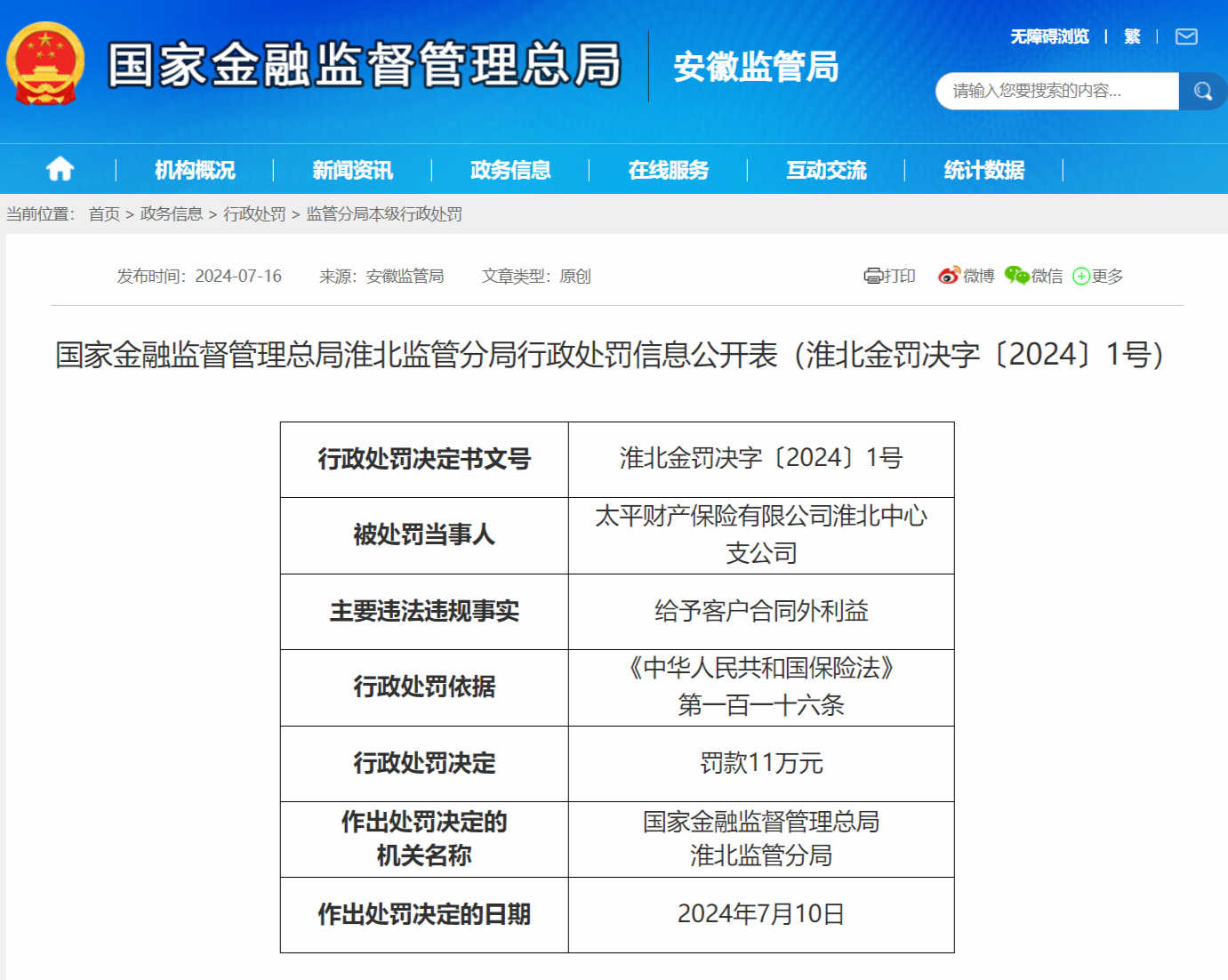 给予客户合同外利益 太平财险淮北中心支公司被罚11万