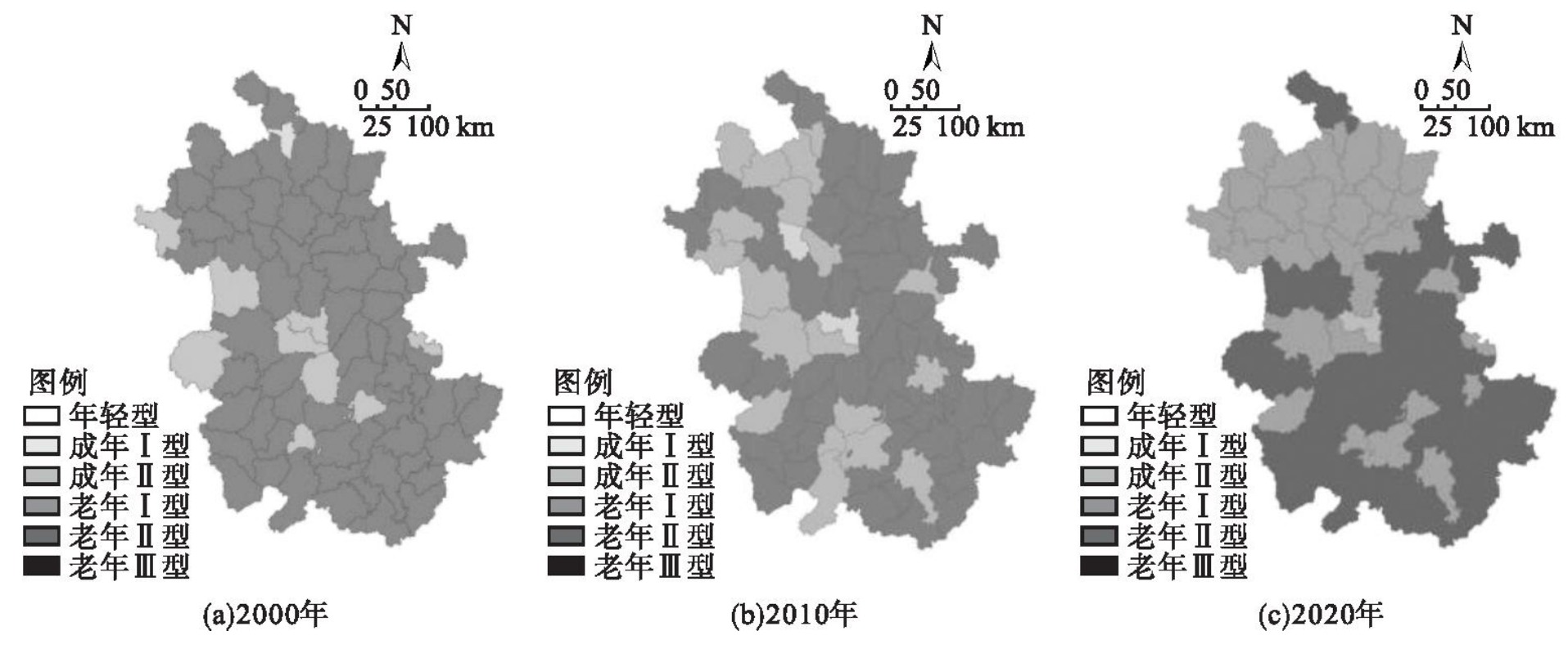 图6.安徽省2000年到2020年老龄化空间变化