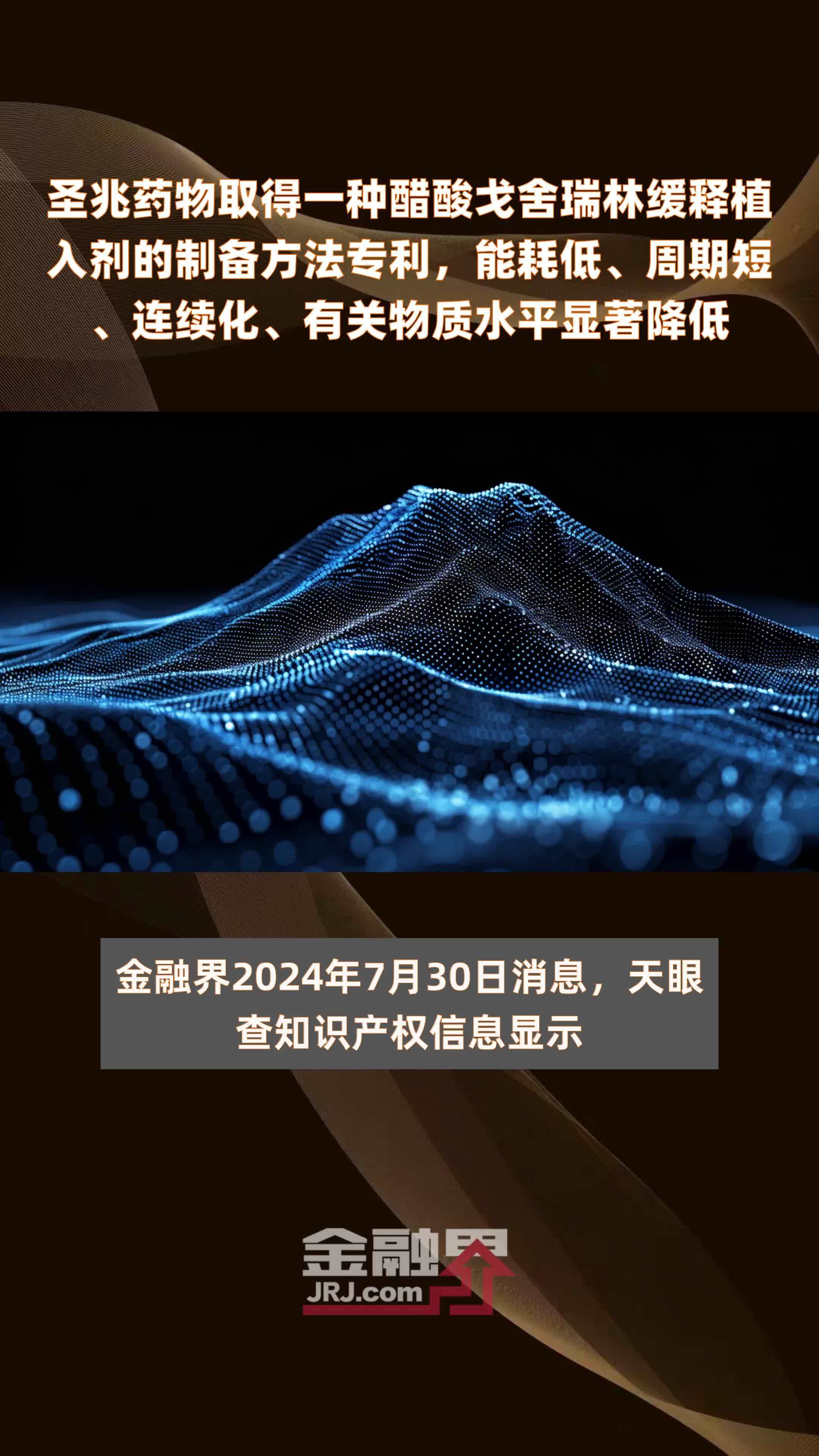 圣兆药物取得一种醋酸戈舍瑞林缓释植入剂的制备方法专利，能耗低、周期短、连续化、有关物质水平显著降低|快报