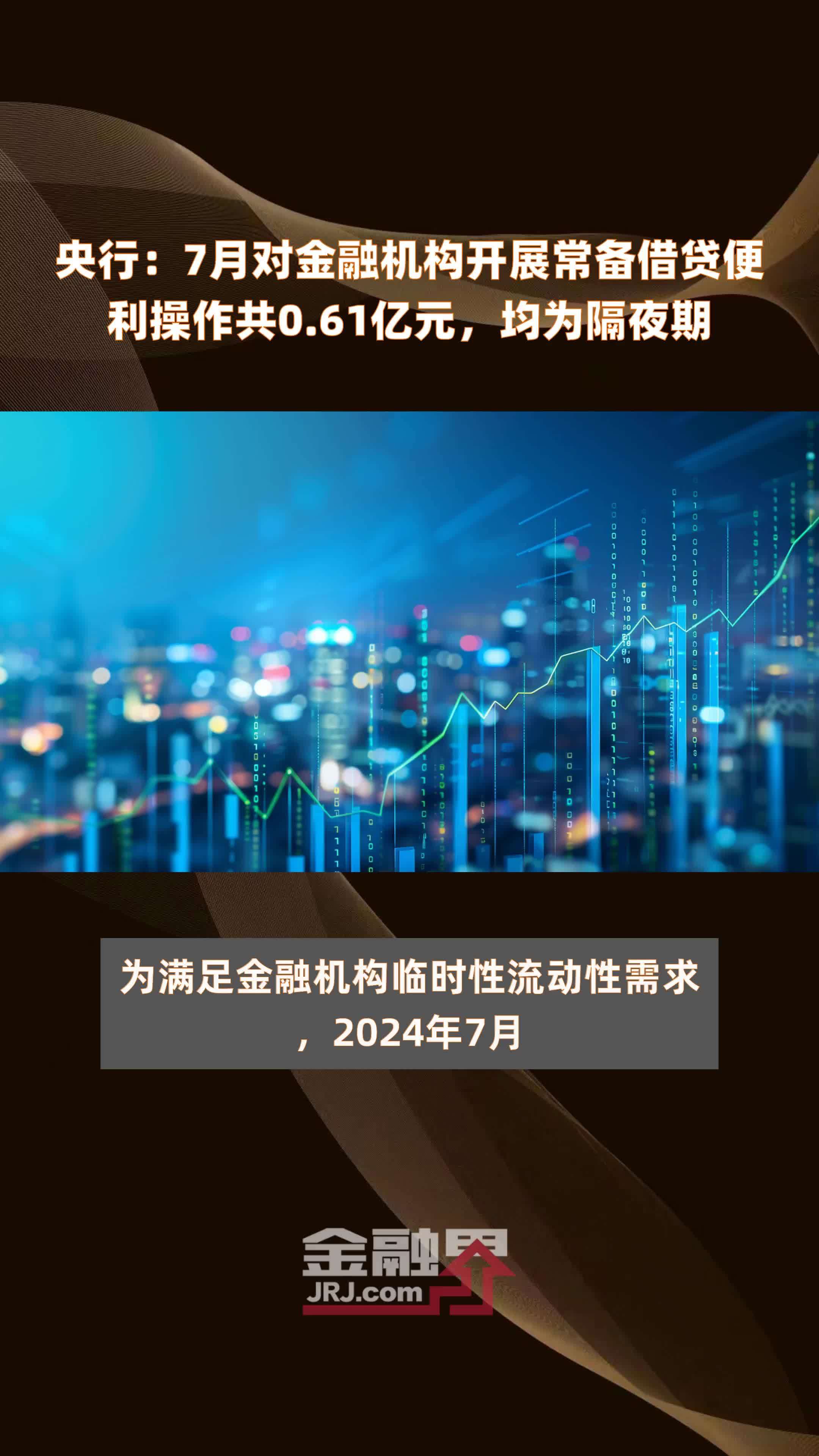 央行：7月对金融机构开展常备借贷便利操作共0.61亿元，均为隔夜期 |快报