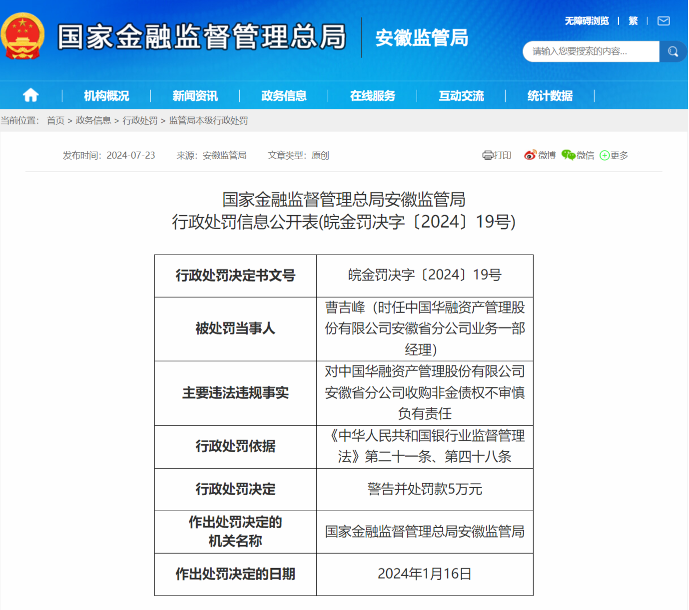 中国华融资产安徽省分公司被罚70万 多名责任人被警告
