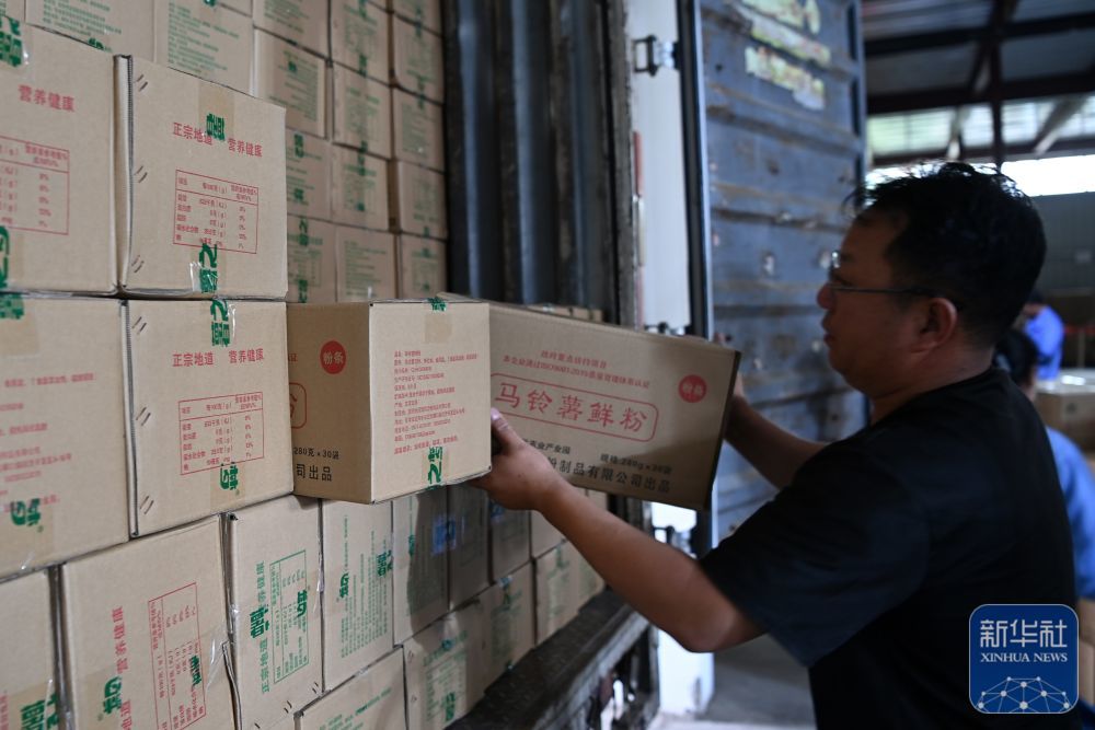 7月24日，在定西市安定区巉口镇一家马铃薯淀粉制品企业，工人将马铃薯鲜粉产品装车。新华社记者　范培珅　摄