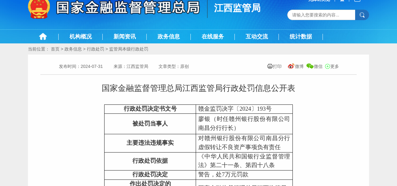 赣州银行南昌分行行长被警告、罚款