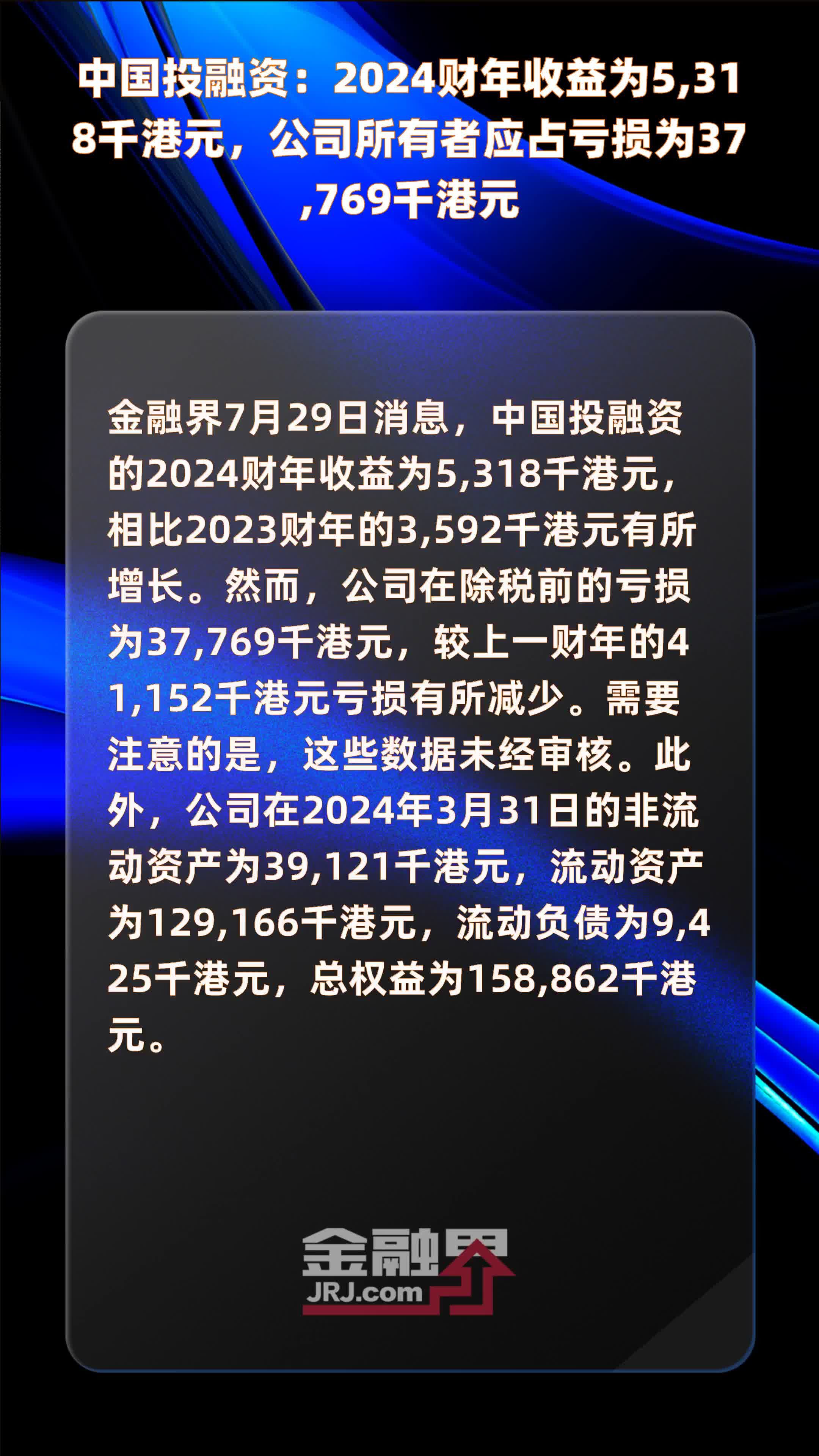 中国投融资：2024财年收益为5,318千港元，公司所有者应占亏损为37,769千港元 |快报