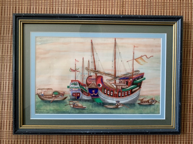 珠江上的船舶图 通草画
