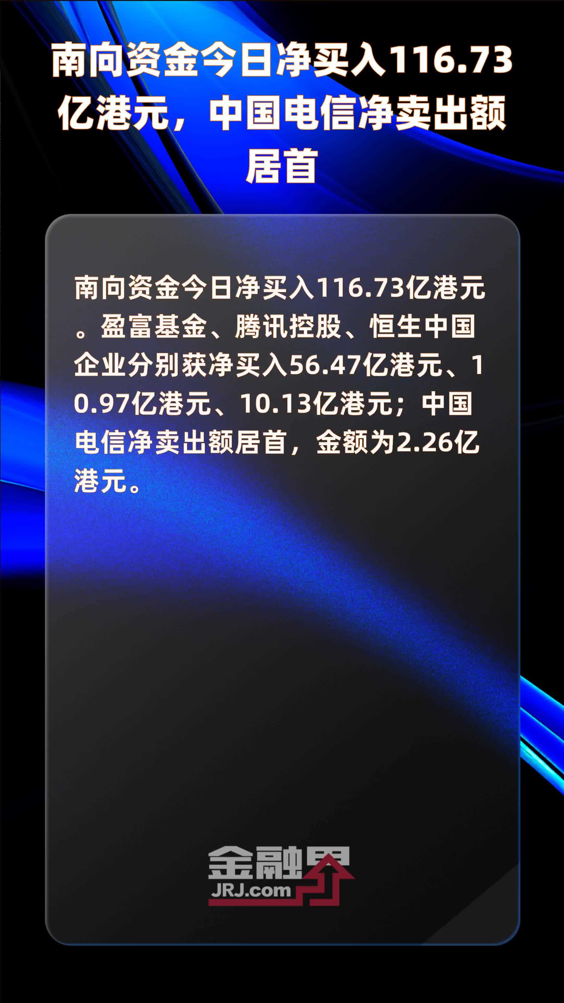 南向资金今日净买入116.73亿港元，中国电信净卖出额居首 |快报