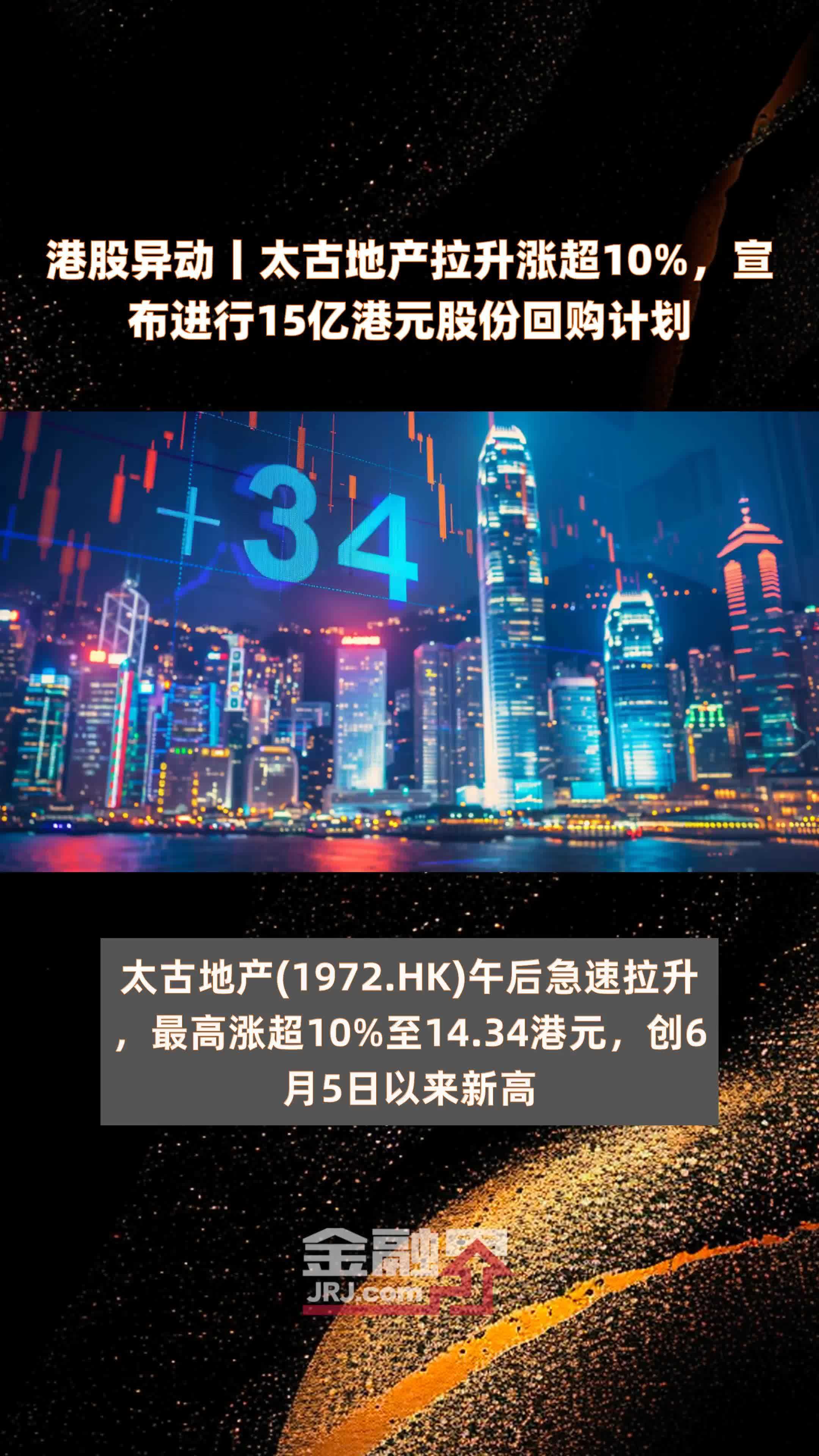 港股异动丨太古地产拉升涨超10%，宣布进行15亿港元股份回购计划 |快报