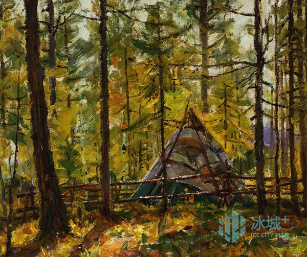 申胜秋 《秋林撮罗子》 油画