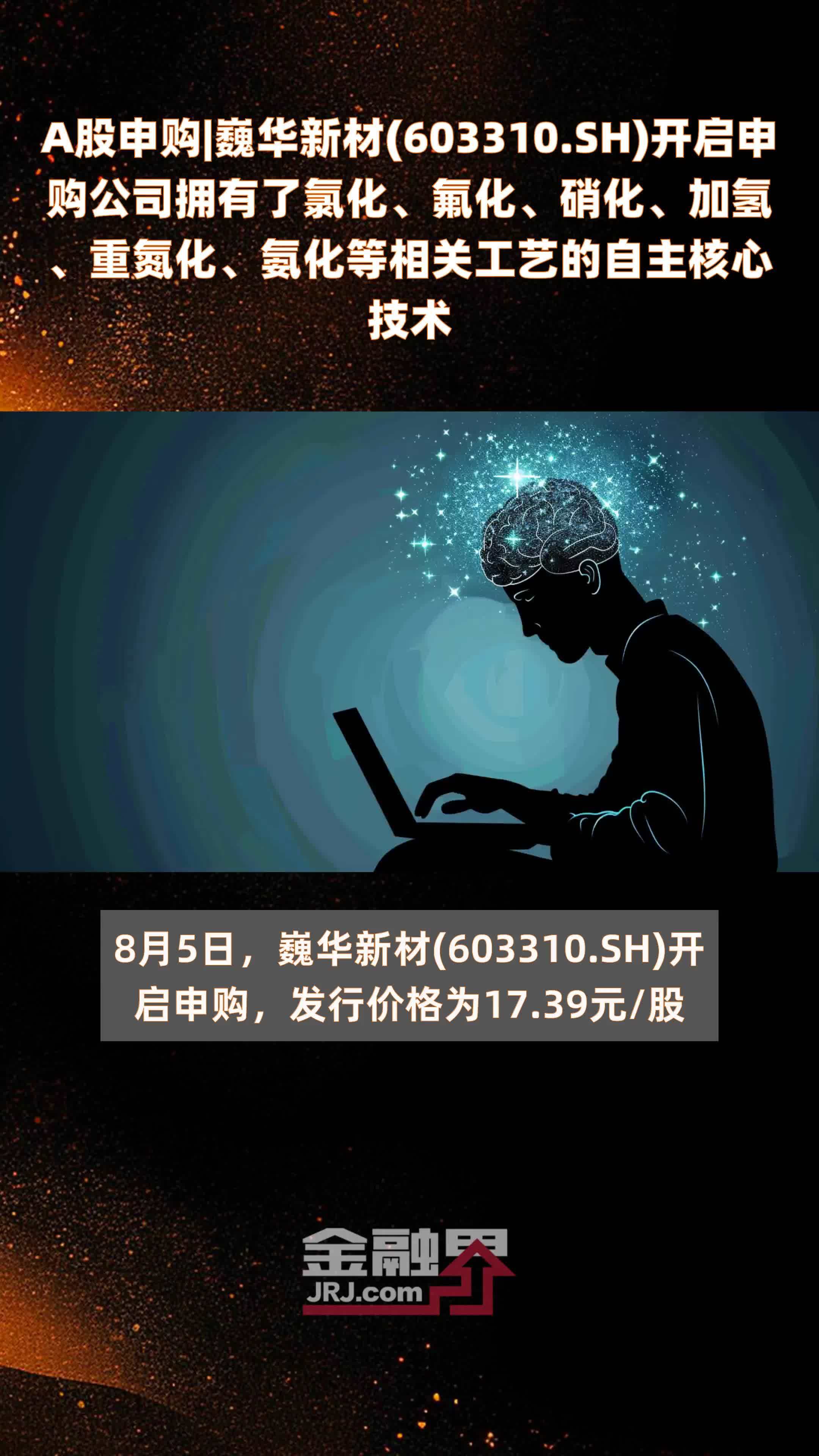 A股申购|巍华新材(603310.SH)开启申购公司拥有了氯化、氟化、硝化、加氢、重氮化、氨化等相关工艺的自主核心技术 |快报