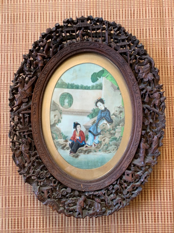 垂钓图 通草画（使用同时期广东木雕框再装裱）