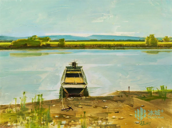 王丕 《乌苏里江边的小渔船》 油画