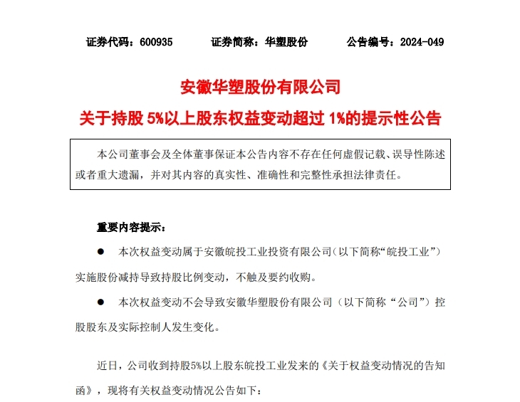 华塑股份二股东安徽皖投工业投资减持842.2万股