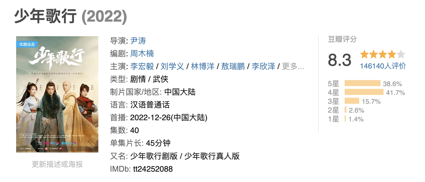 2022年首播的《少年歌行》，豆瓣评分高达8.3。