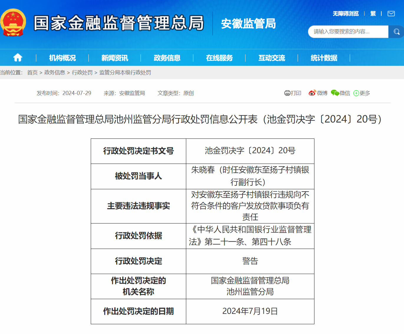 违规放贷 安徽东至扬子村镇银行被罚30万元！