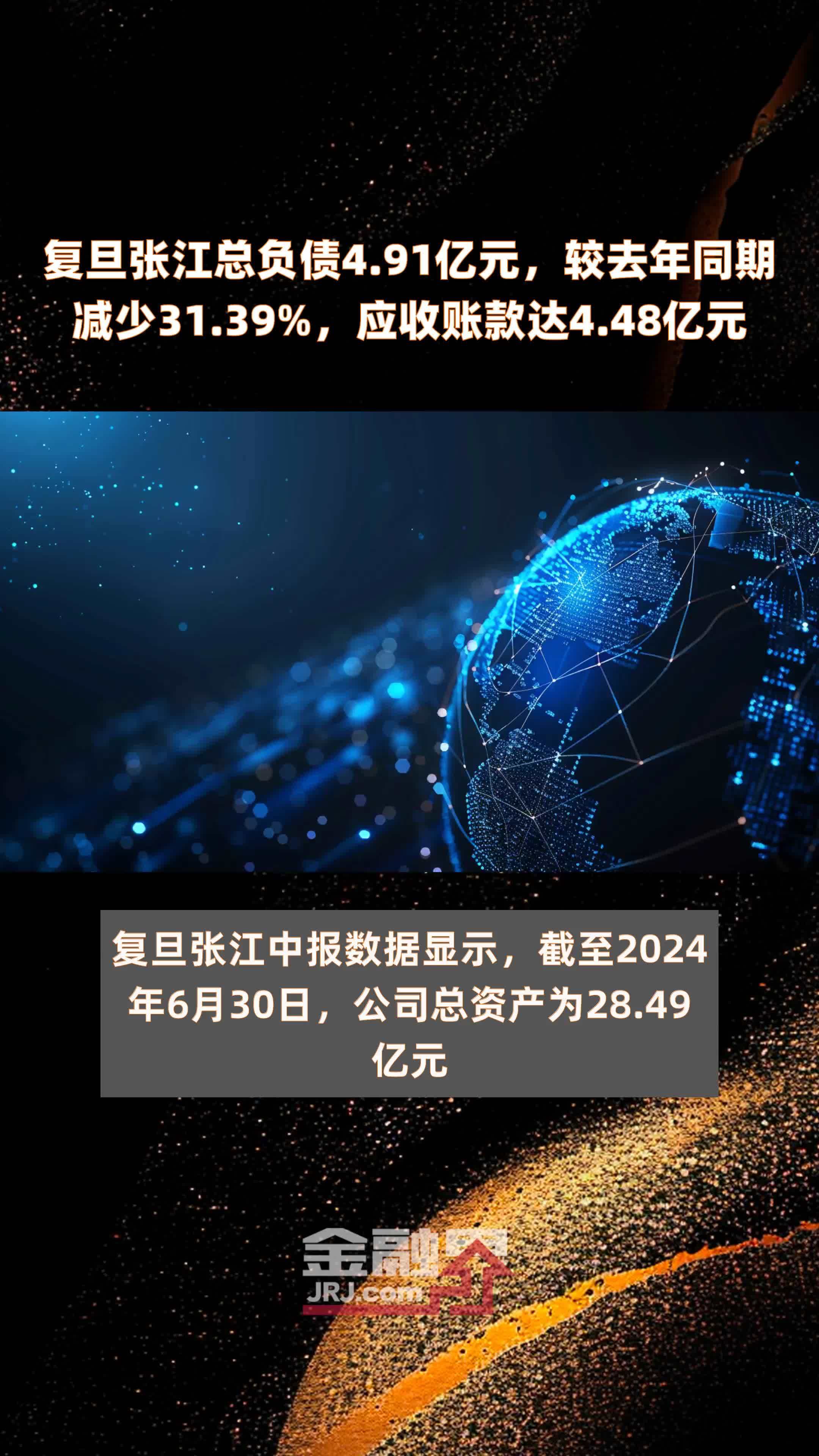 复旦张江总负债4.91亿元，较去年同期减少31.39%，应收账款达4.48亿元 |快报