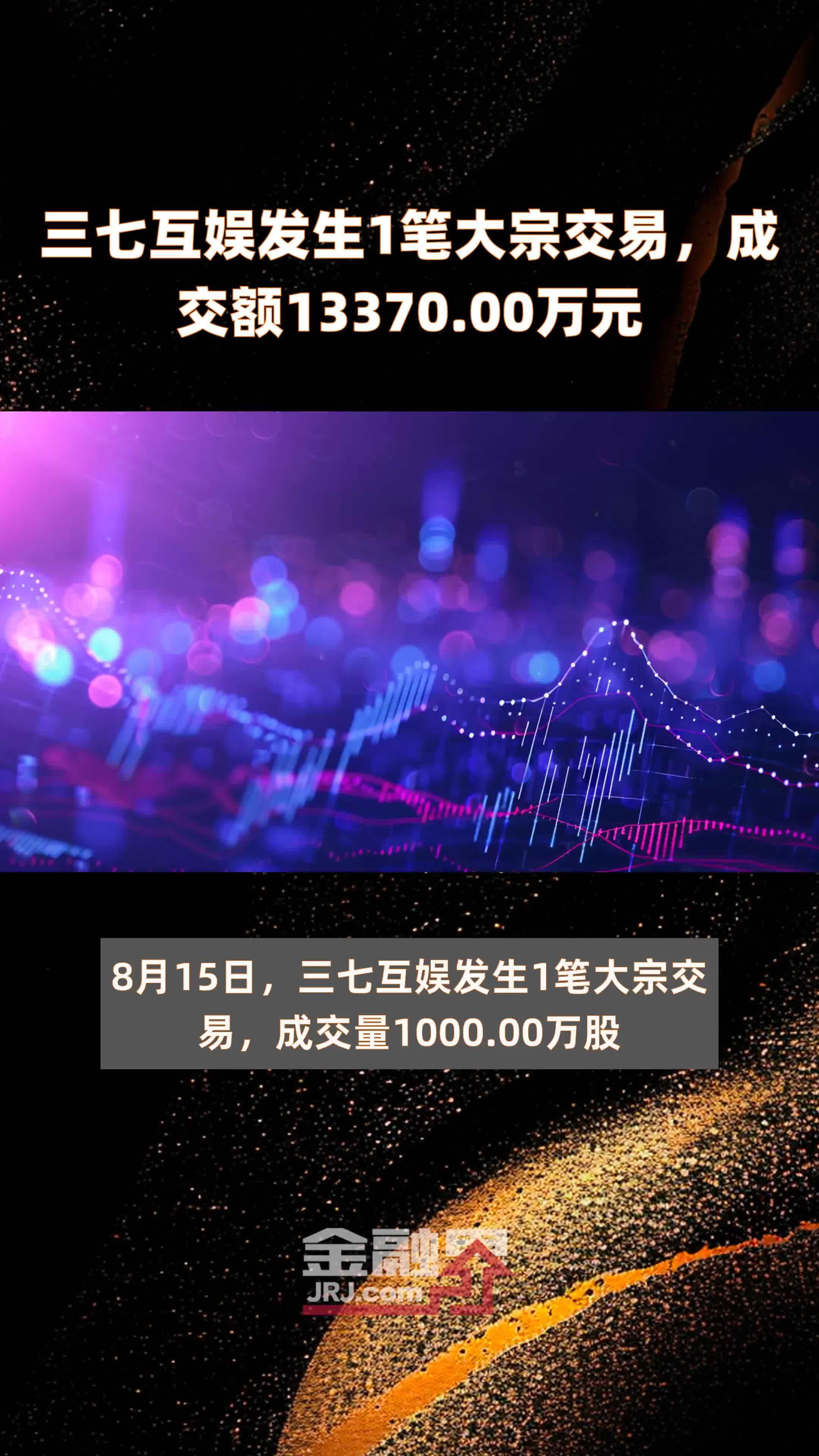 三七互娱发生1笔大宗交易,成交额13370.00万元 |快报_凤凰网视频_凤凰网