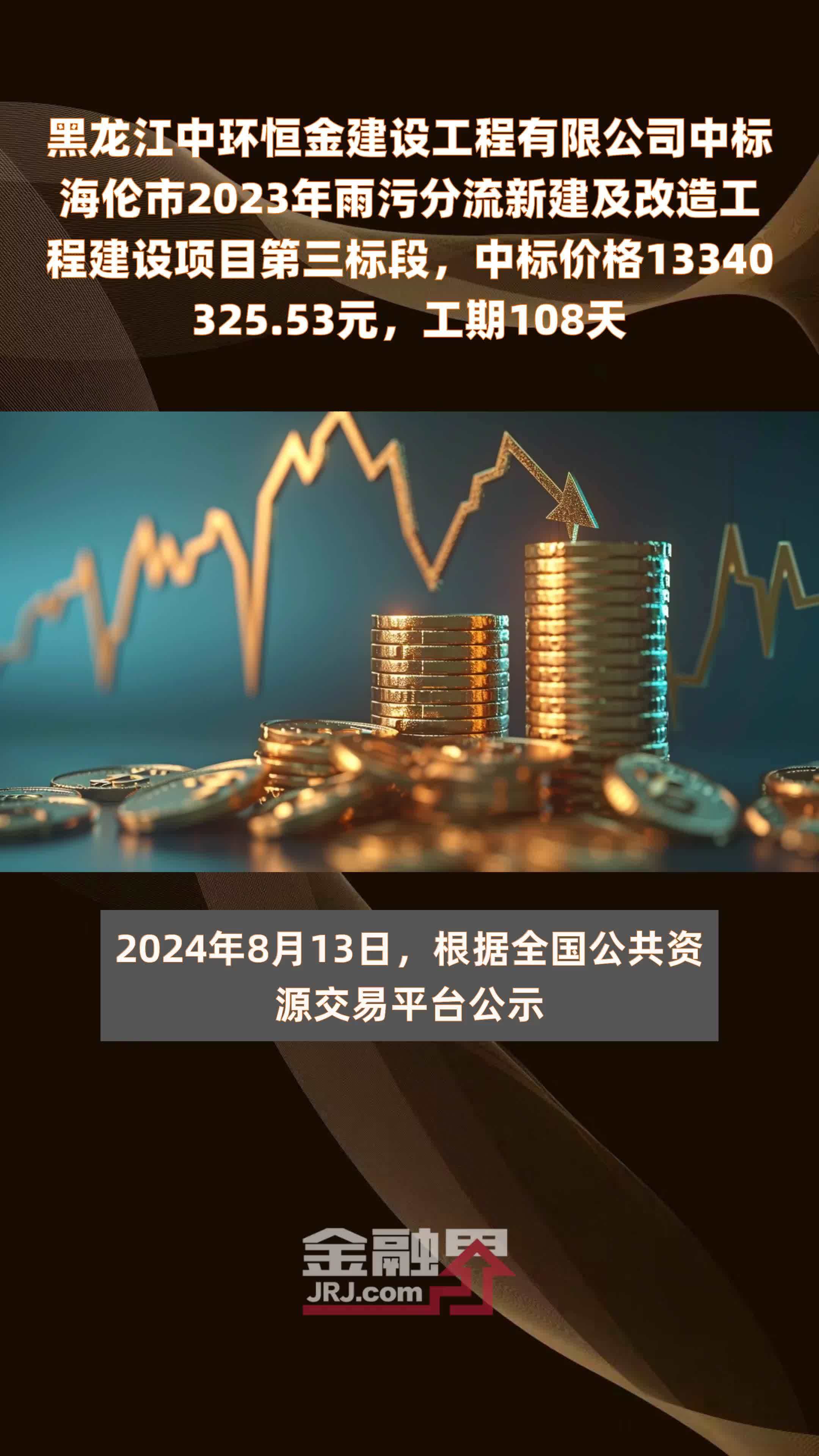 黑龙江中环恒金建设工程有限公司中标海伦市2023年雨污分流新建及改造工程建设项目第三标段，中标价格13340325.53元，工期108天 |快报