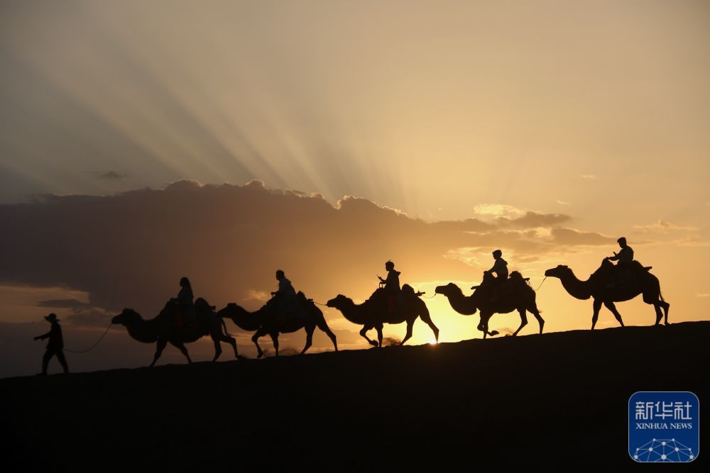 8月13日早晨，游客在敦煌市鸣沙山月牙泉景区骑骆驼游览。