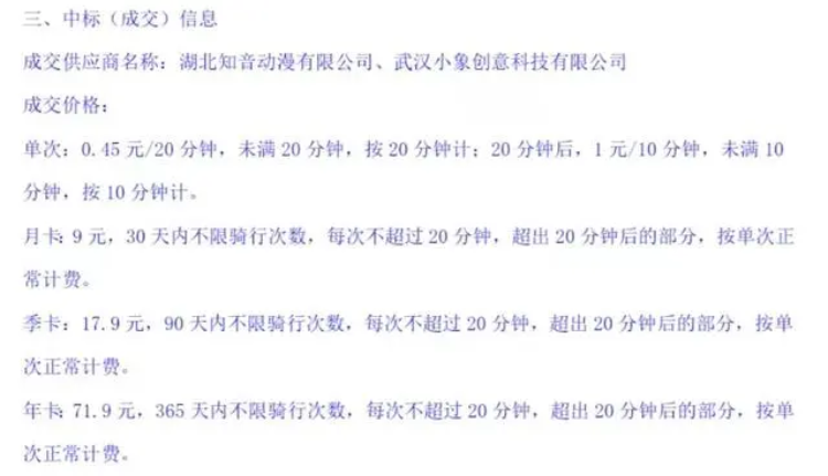 武汉大学共享电动自行车服务项目成交结果公告。图片来源/九派新闻