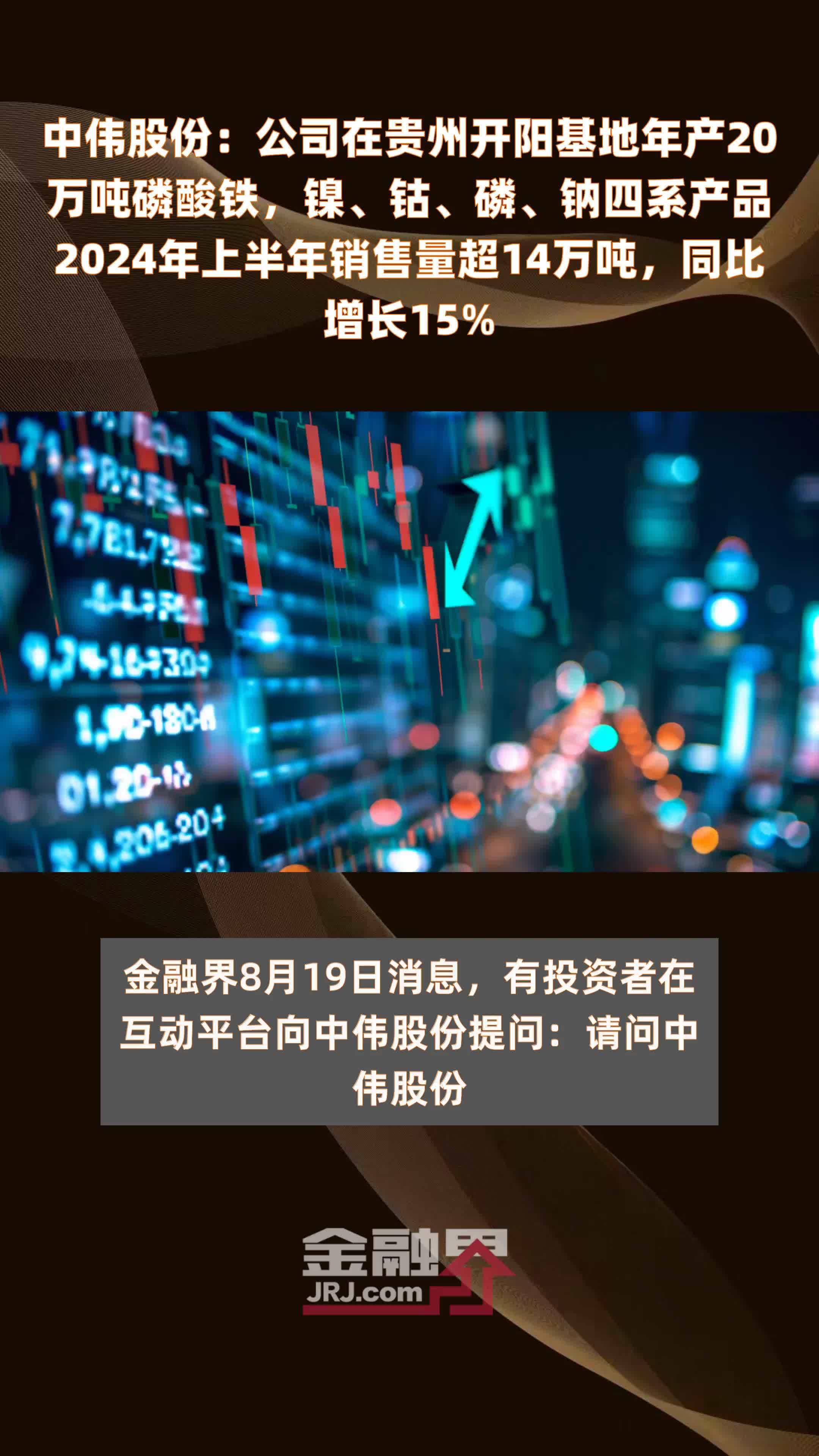中伟股份：公司在贵州开阳基地年产20万吨磷酸铁，镍、钴、磷、钠四系产品2024年上半年销售量超14万吨，同比增长15% |快报