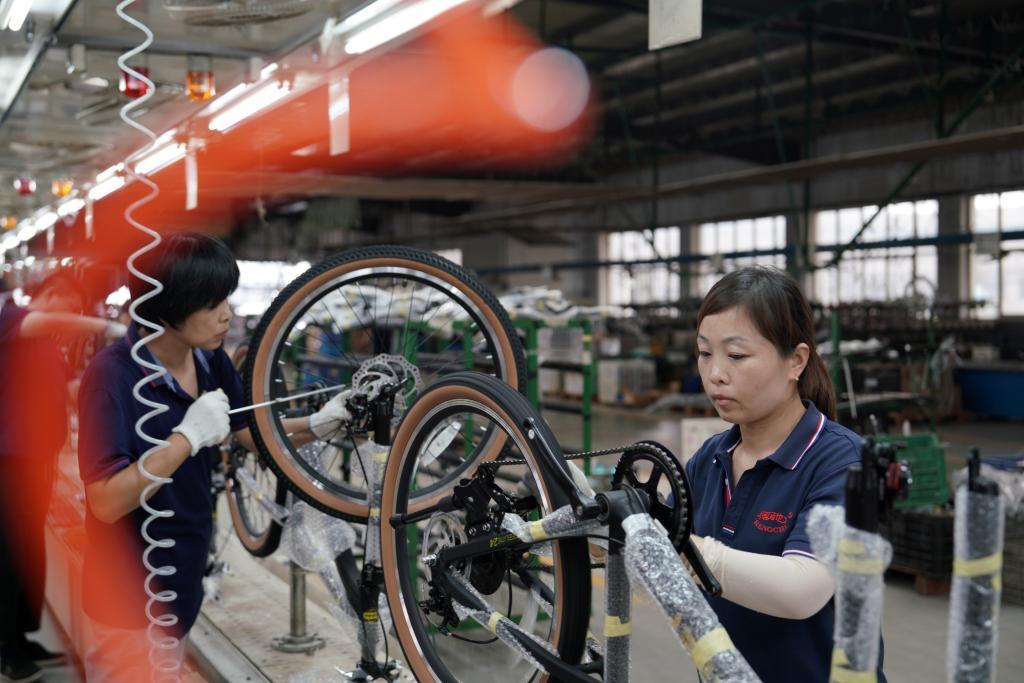 8月19日,河北省平乡县一家童车生产企业的员工在车间内组装童车。