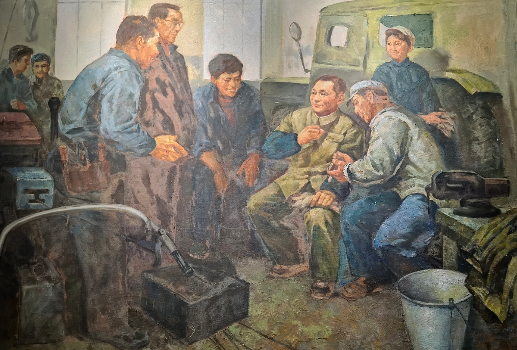 油画《邓小平和工人们在一起》。 章仁缘/绘