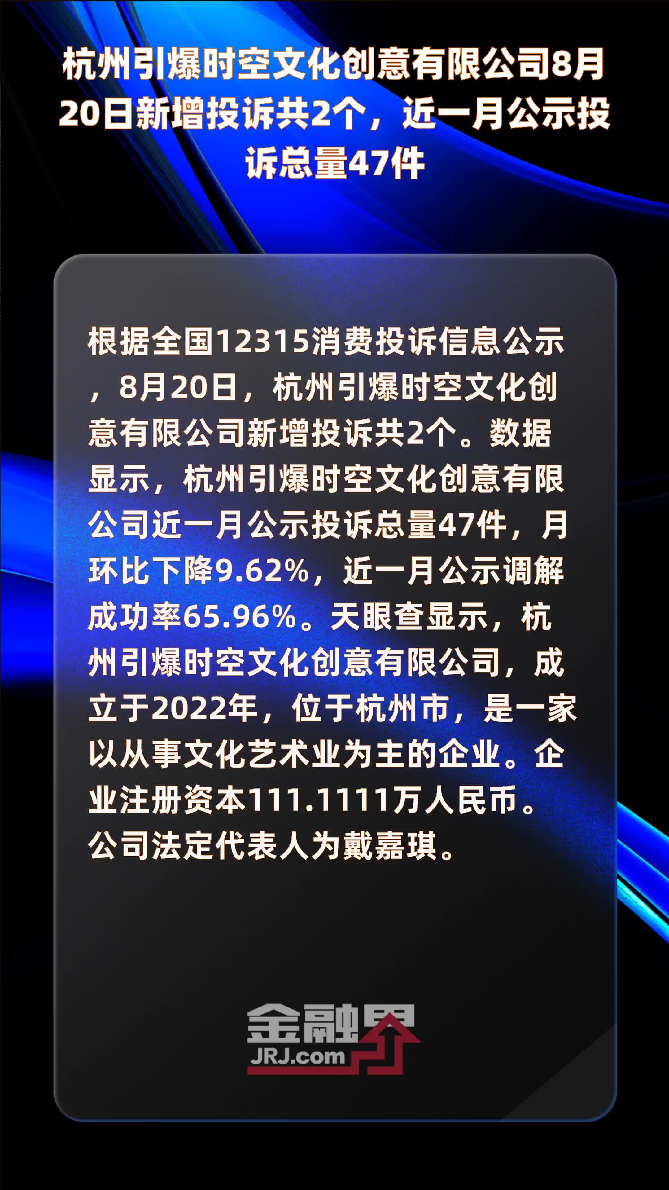杭州引爆时空文化创意有限公司8月20日新增投诉共2个，近一月公示投诉总量47件 |快报