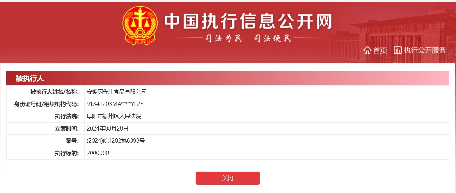 “槽头肉公司”安徽厨先生食品被强执200万