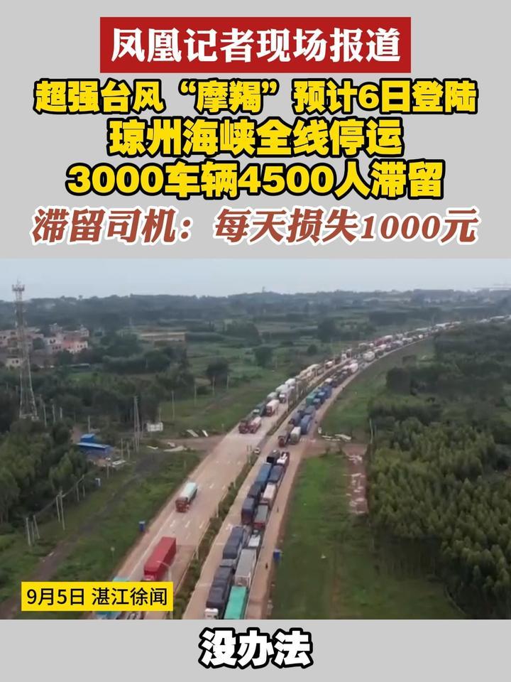 #凤凰记者现场报道  超强台风“摩羯”预计6日登陆 琼州海峡全线停运3000车辆4500人滞留 滞留司机：每天损失1000元#台风摩羯