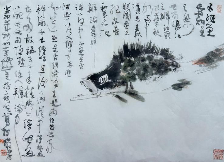 操应旺《子非鱼焉知鱼之乐》46x35㎝ 设色纸本 2023年