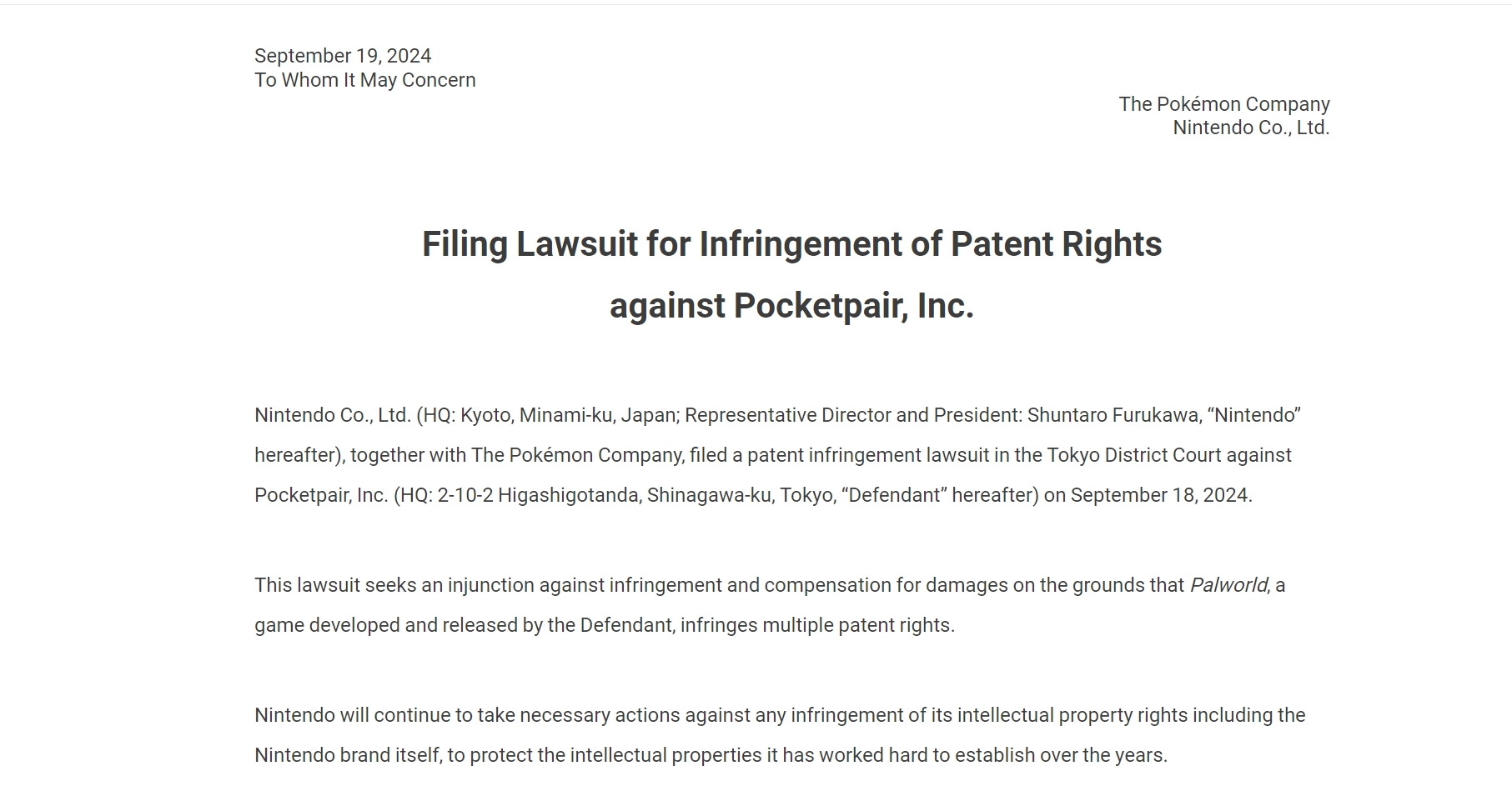 东半球最强法务出手！任天堂起诉《幻兽帕鲁》专利侵权_凤凰网