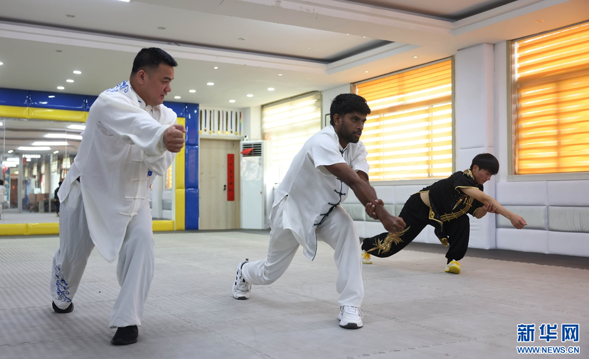 在周军(左一)带领下,外国留学生和大家一同练习劈挂拳。新华网发 杨晨 摄