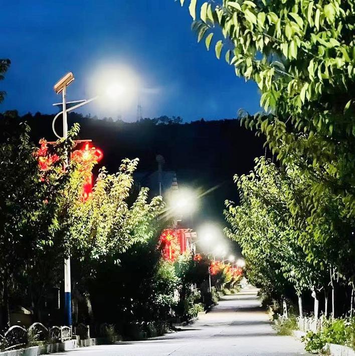 夜晚双坪村中国结路灯亮起