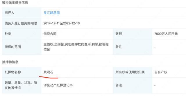 景观石抵押给银行7000万元。企查查APP截图