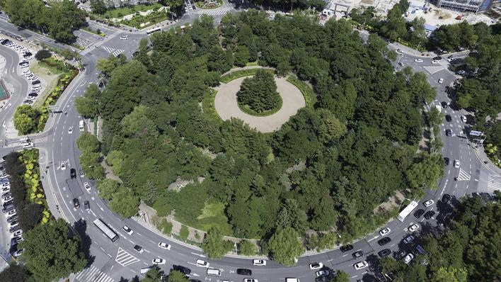 绿树环绕的新民广场呈现出一派生机勃勃的景象。