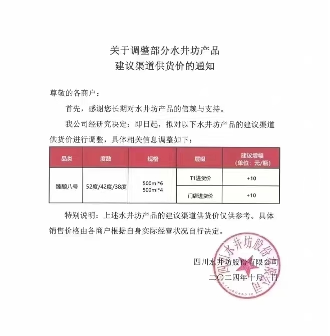 内部资料一肖一码,水井坊臻酿八号国庆涨价10元，经销商吐槽“旺季厂家涨价，终端涨不起价格！”