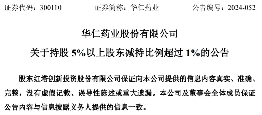 青岛华仁药业：持股5%以上股东红塔创新减持比例已超过1%