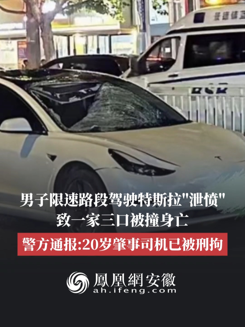 #凤观NEWS  近日，江西景德镇，男子限速路段驾驶特斯拉“泄愤”，致一家三口被撞身亡，警方通报：20岁肇事司机已被刑拘。#交通事故 #超速 #事故