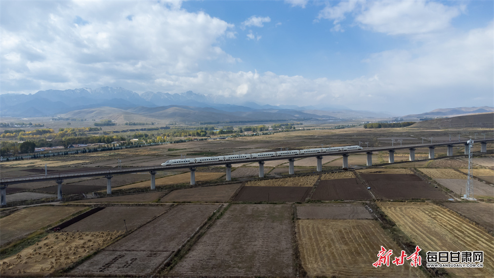 10月12日，在兰张高铁兰武段，列车从武威天祝县田野间驶过。