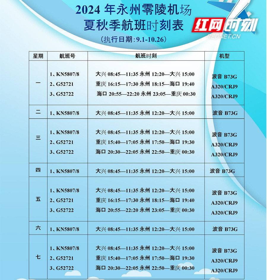 2024年永州零陵机场夏秋季航班时刻表。