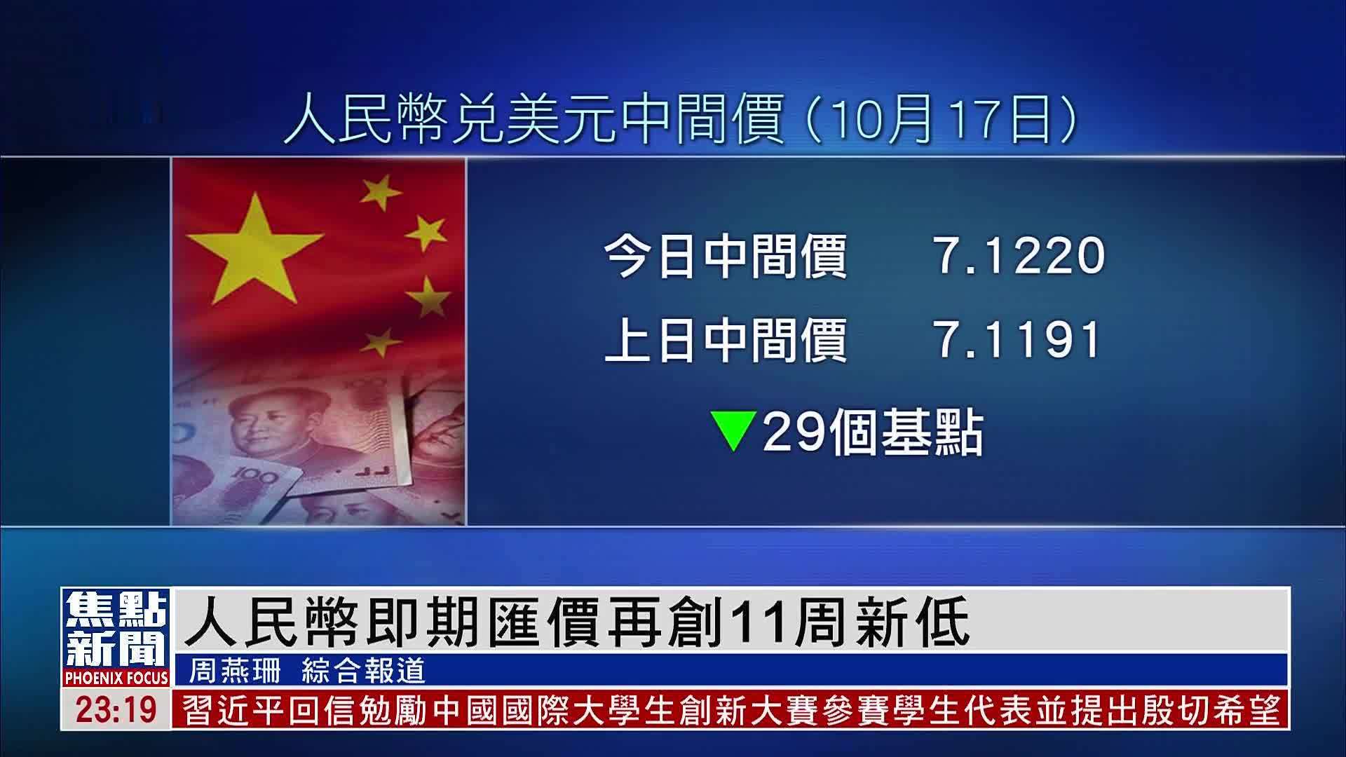 人民币即期汇价再创11周新低