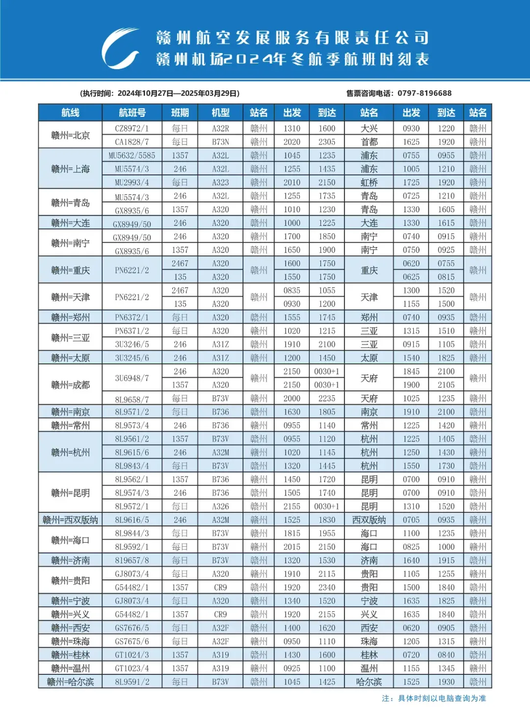 10月27日起赣州将新增加密多条航线