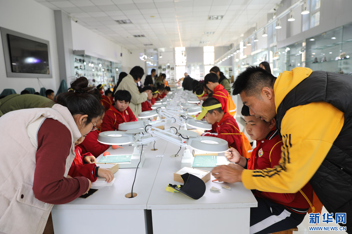 学生们在老师的指导下装裱狼鳍鱼化石。新华网 魏会博 摄