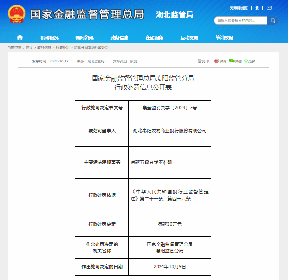 湖北枣阳农村商业银行股份有限公司贷款五级分类不准确被罚款30万元